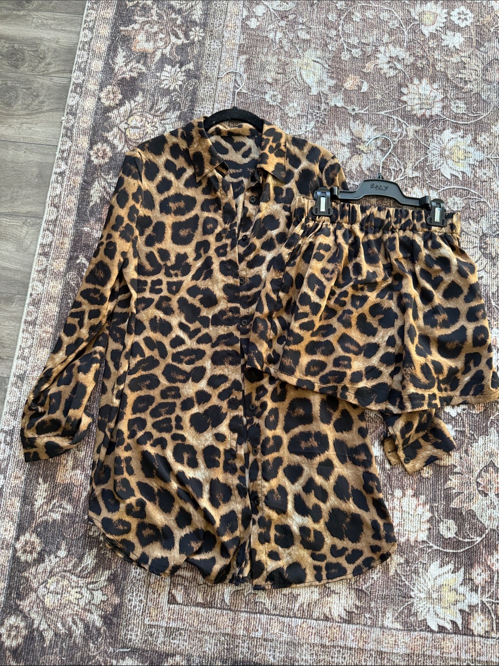 Leopard Print Button-Up Shirt and Shorts Set - Brown/Black